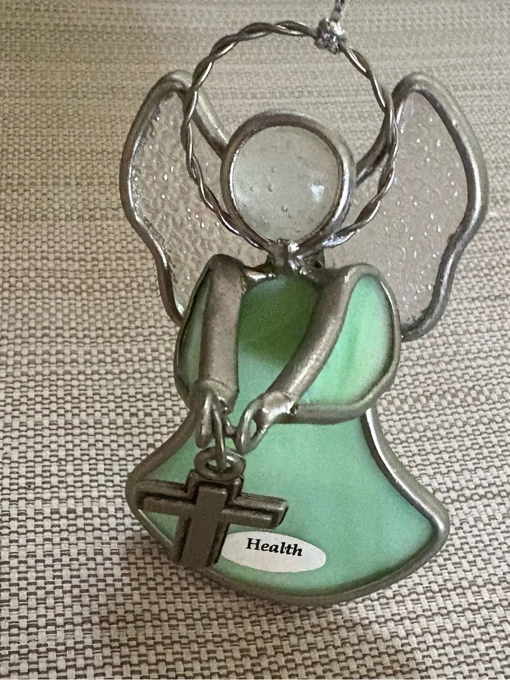 Ganz Green glass angel ornament with silver cross get well gift religious heal